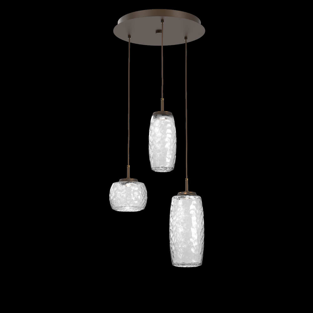 Vessel 3pc Round Multi-Pendant-Flat Bronze-Clear Blown Glass-Cloth Braided Cord-LED 2700K