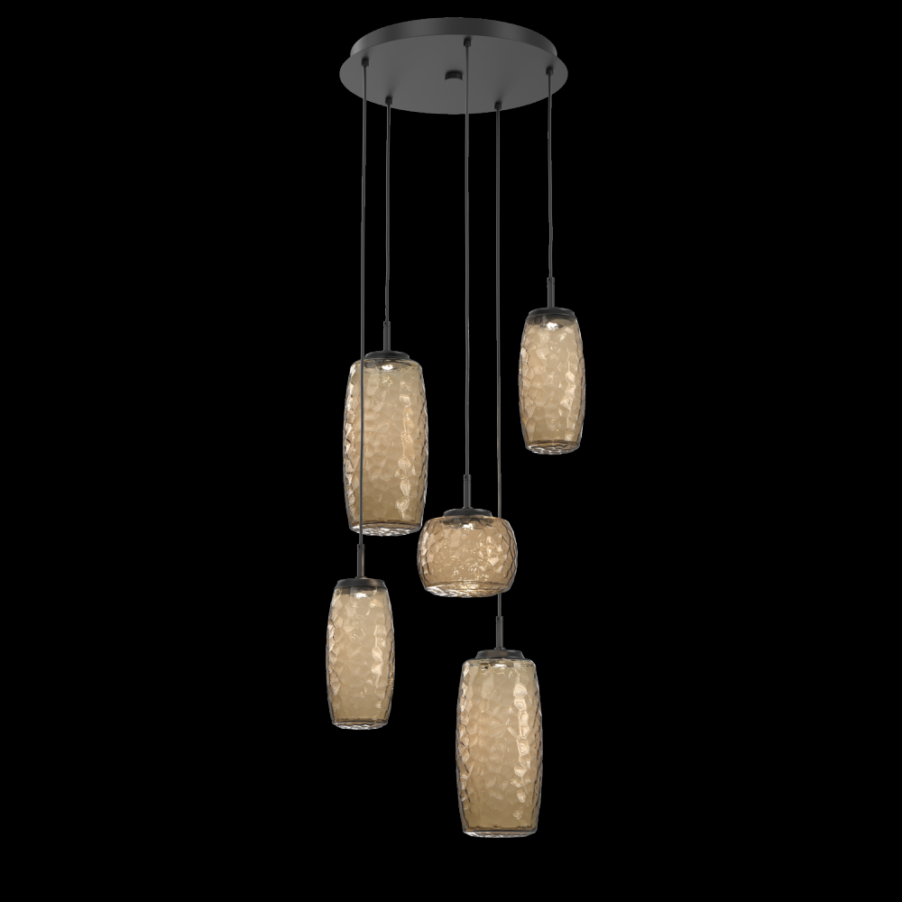 Vessel 5pc Round Multi-Pendant-Matte Black-Bronze Blown Glass-Cloth Braided Cord-LED 2700K