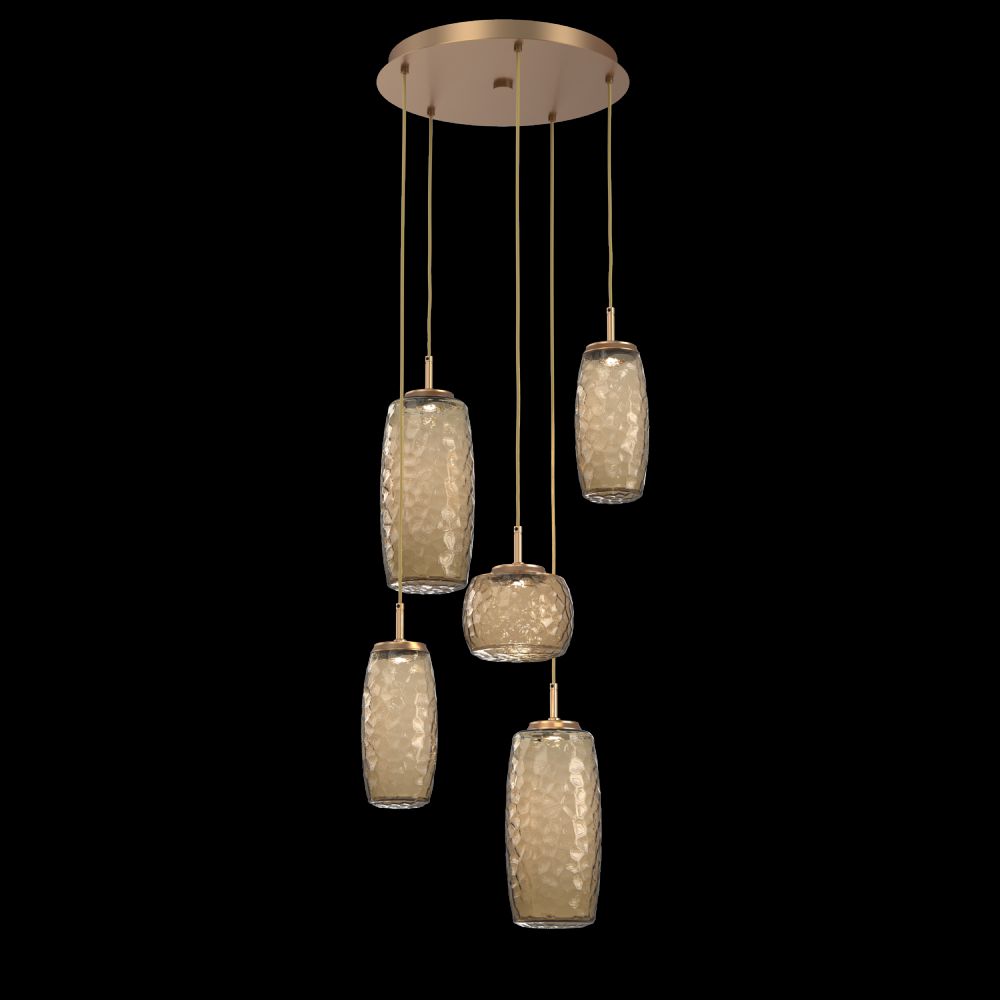 Vessel 5pc Round Multi-Pendant-Novel Brass-Bronze Blown Glass-Cloth Braided Cord-LED 2700K