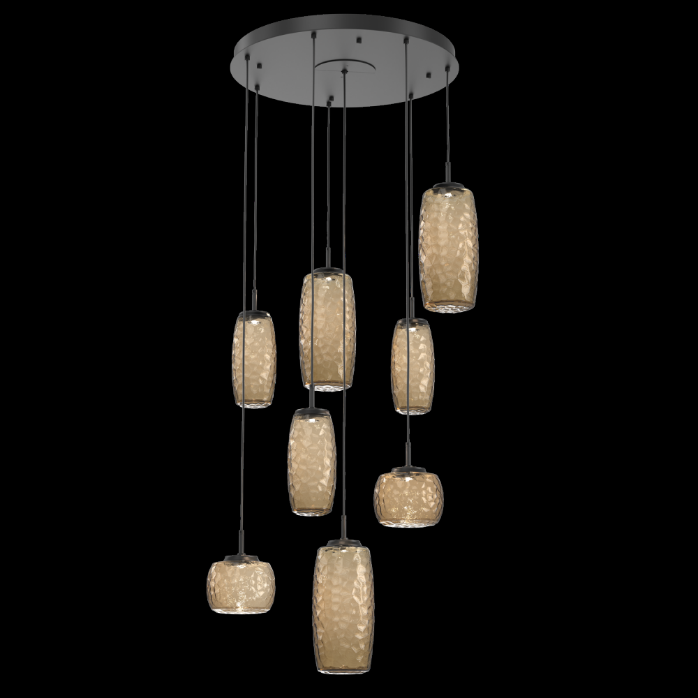 Vessel 8pc Round Multi-Pendant-Matte Black-Bronze Blown Glass-Cloth Braided Cord-LED 3000K