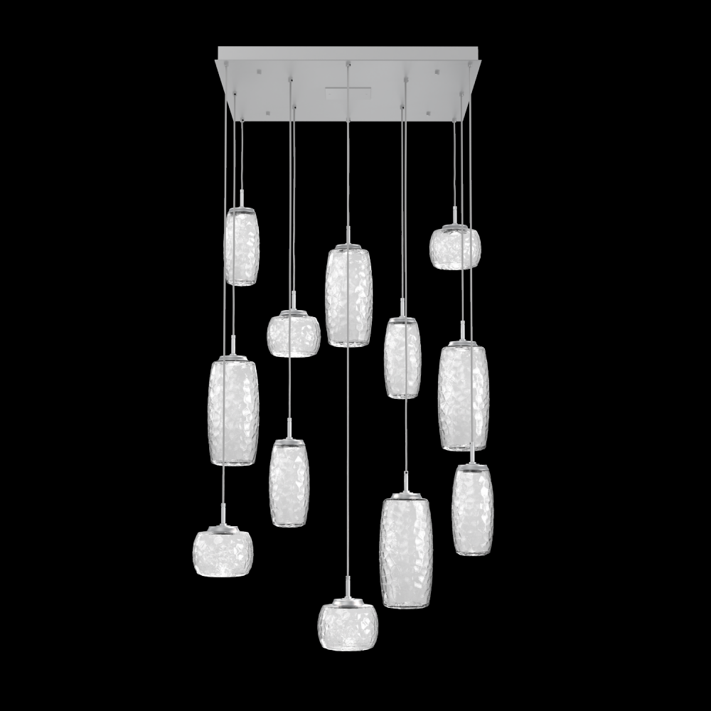 Vessel 12pc Square Multi-Pendant-Classic Silver-Clear Blown Glass-Cloth Braided Cord-LED 3000K