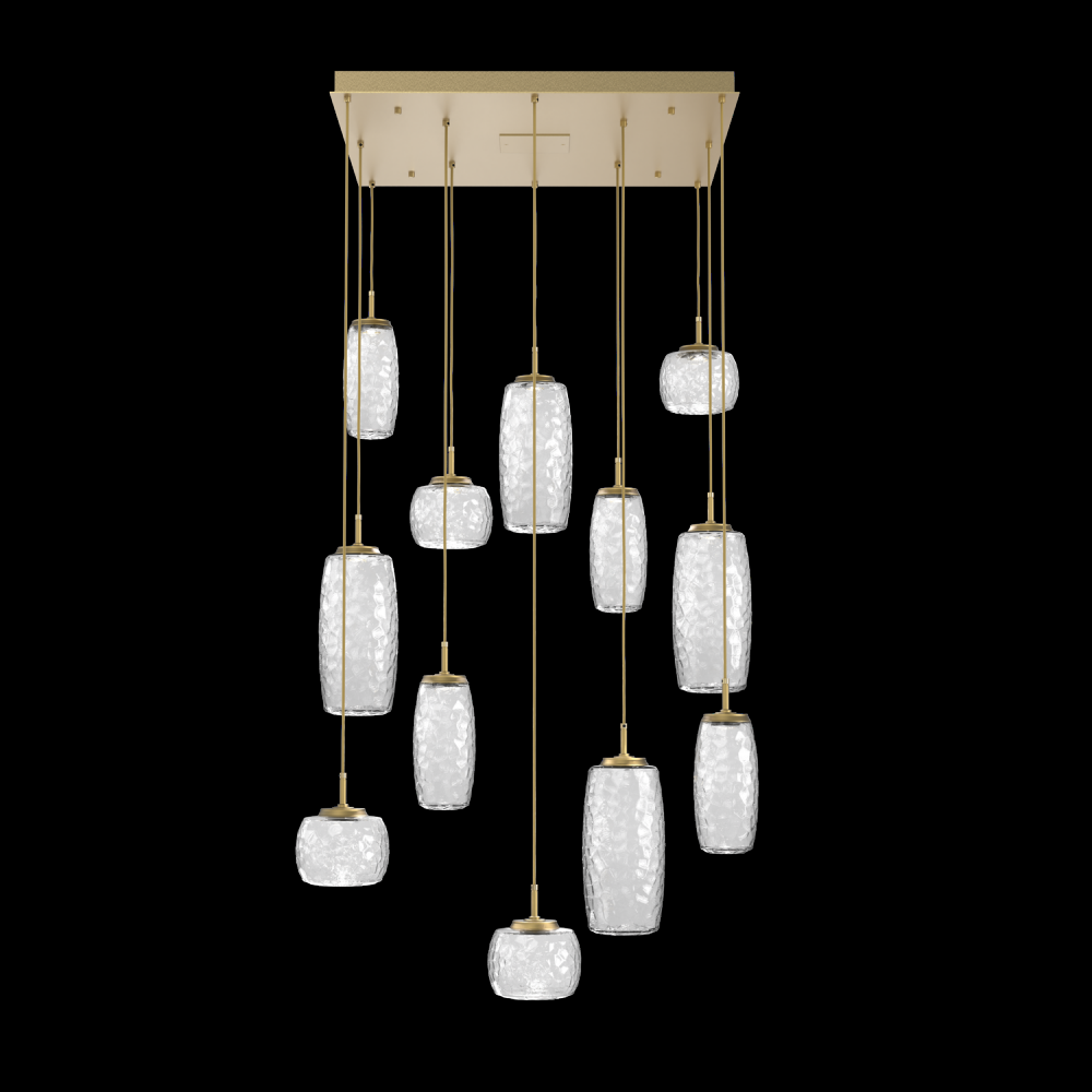 Vessel 12pc Square Multi-Pendant-Gilded Brass-Clear Blown Glass-Cloth Braided Cord-LED 3000K