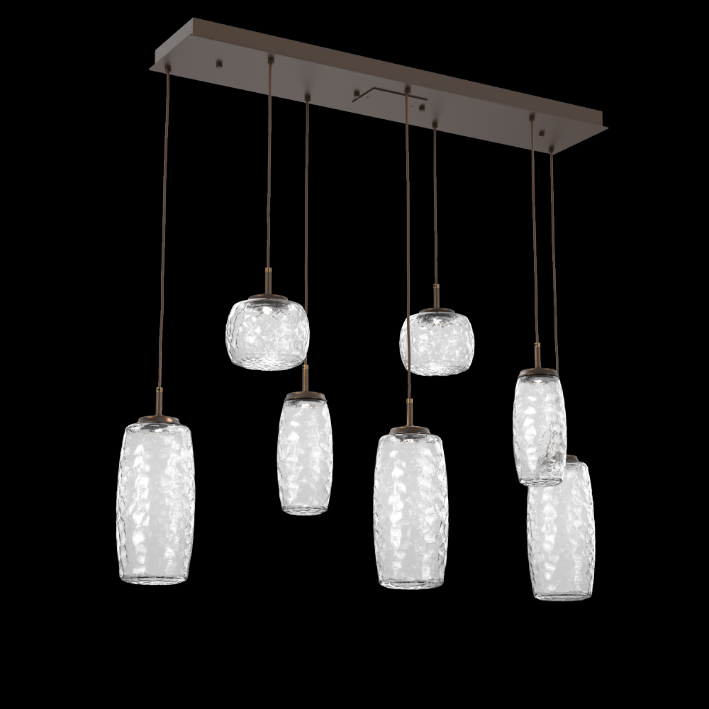 Vessel 7pc Linear Multi-Pendant-Flat Bronze-Clear Blown Glass-Cloth Braided Cord-LED 3000K