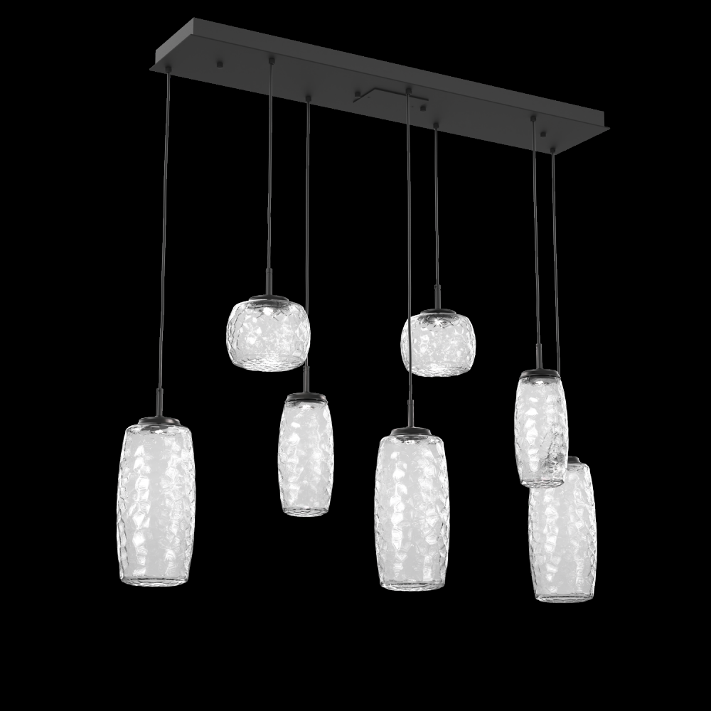 Vessel 7pc Linear Multi-Pendant-Matte Black-Clear Blown Glass-Cloth Braided Cord-LED 3000K