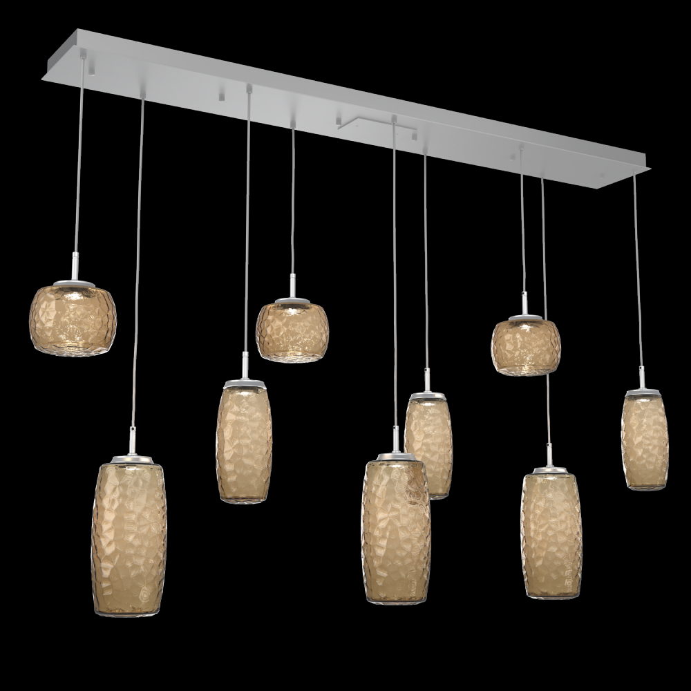 Vessel 9pc Linear Multi-Pendant-Classic Silver-Bronze Blown Glass-Cloth Braided Cord-LED 3000K