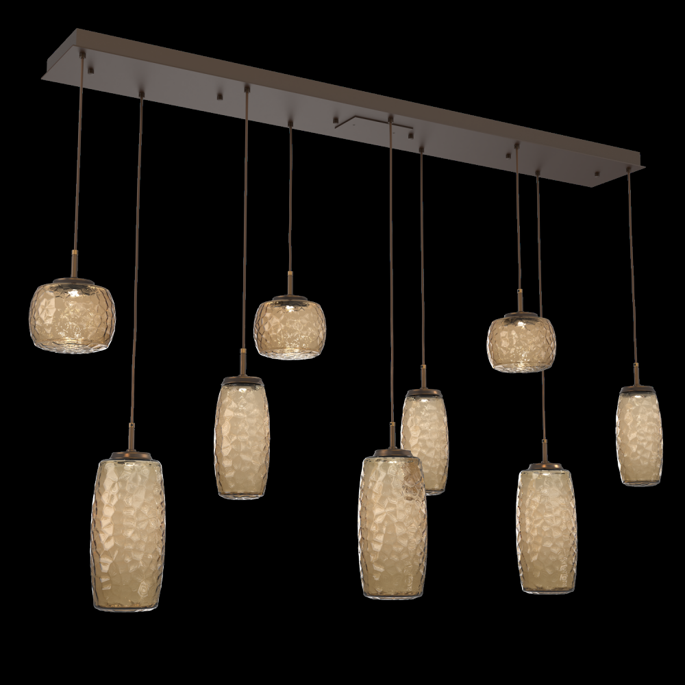 Vessel 9pc Linear Multi-Pendant-Flat Bronze-Bronze Blown Glass-Cloth Braided Cord-LED 2700K