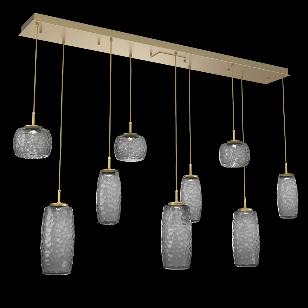 Vessel 9pc Linear Multi-Pendant-Gilded Brass-Smoke Blown Glass-Cloth Braided Cord-LED 3000K