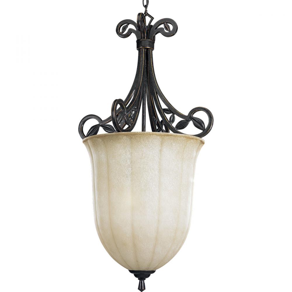 Three Light Espresso Weathered Sandstone Glass Foyer Hall Pendant