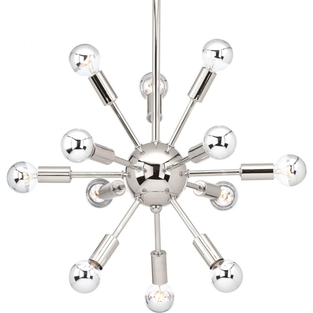 Ion Collection Twelve-Light Polished Nickel Mid-Century Modern Chandelier Light