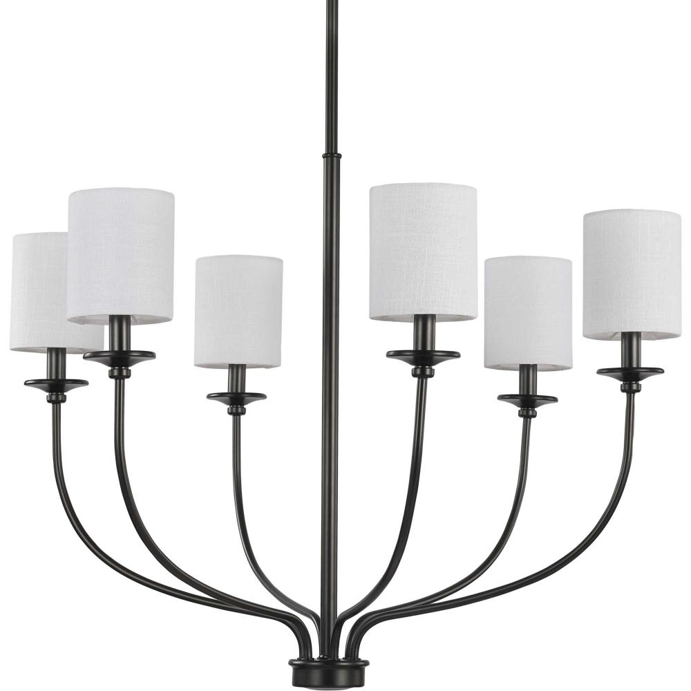 Bonita Collection Six-Light Matte Black White Linen Fabric Shade Luxe Chandelier Light