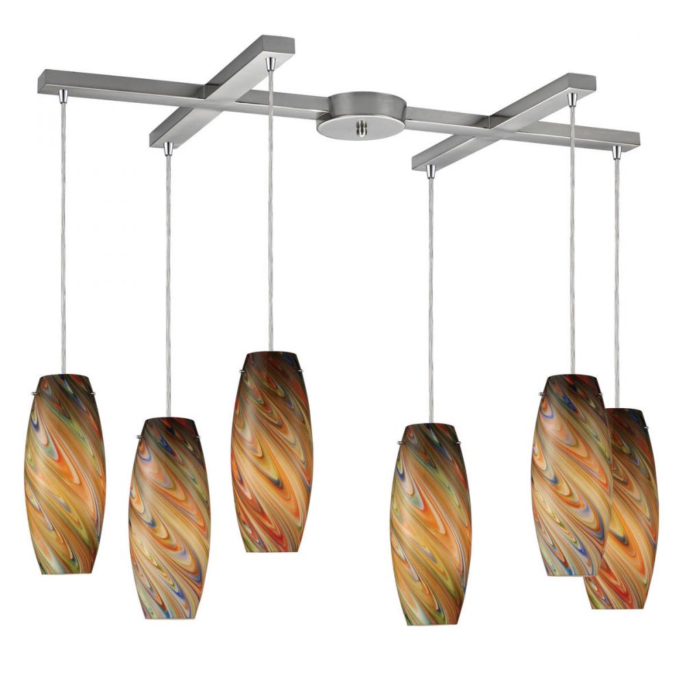 Vortex 6-Light H-Bar Pendant Fixture in Satin Nickel with Rainbow Glass